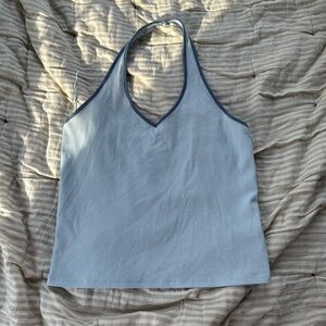 Blue Halter Neck Ribbed Women's Top